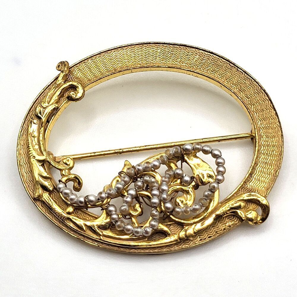 Miriam Haskell Seed Pearl Gold Tone Oval Brooch 2in